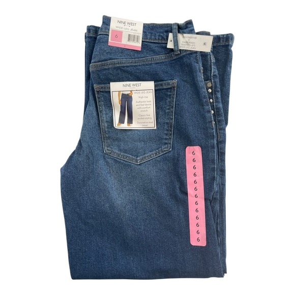 Nine West Denim - Nine West Wide Leg Dark Blue Jeans High Rise Studded Women’s Size 6 NWT